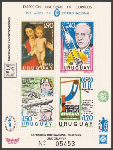 Potov znmky Uruguaj 1977 MS ve futbale, umenie, letectvo Mi# Block 34 Kat 35